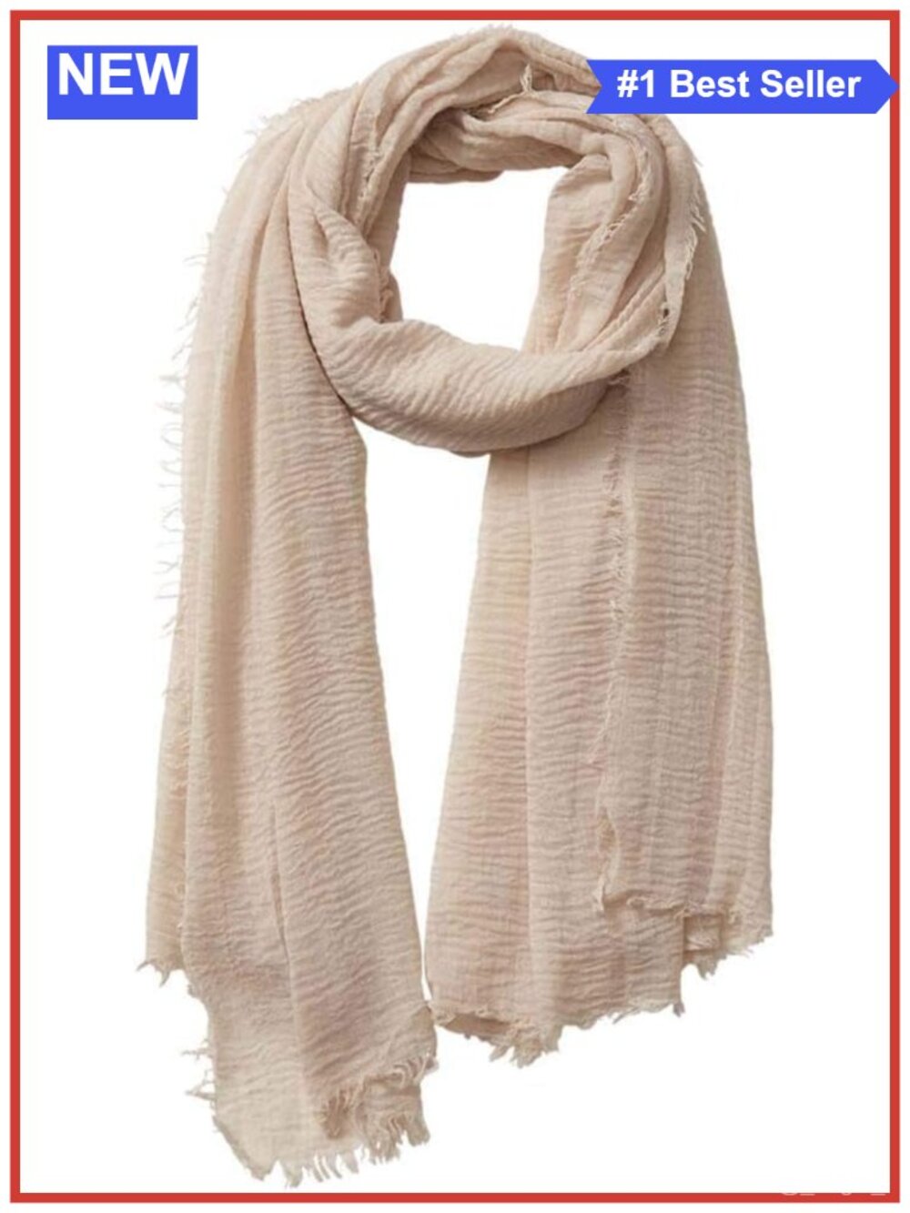 Cotton Blend Crinkle Vintage Soft Scarf with Fringed Edges Lightweight Shawl